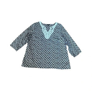 Talbots‎ Black White Shell Print Abstract Lace 3/4 Sleeve Lace Top XL